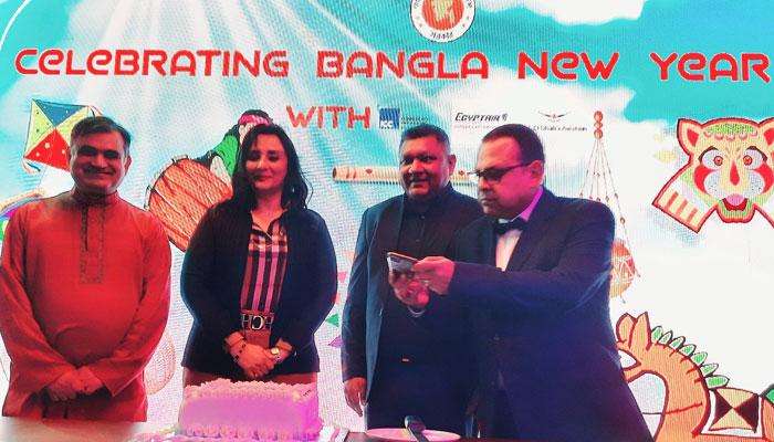 In the celebration of Bengali New Year in Cairo, Dhaka-Cairo direct flight was announced and cut the cake.  Ambassador Monirul Islam and Allo Aviation CEO Saeed Ali Shami. 